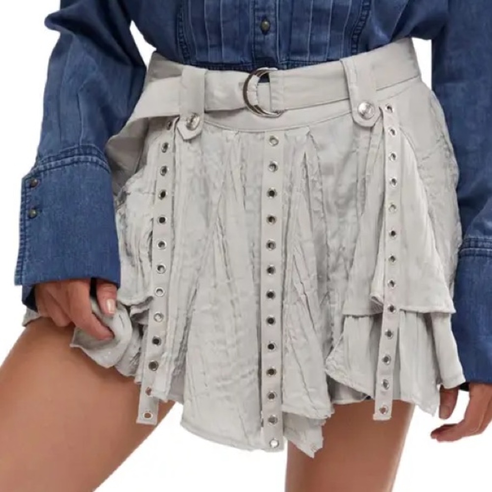 NWT Free People Rue Grommet Asymmetrical Mini Skirt Bohemian Grey